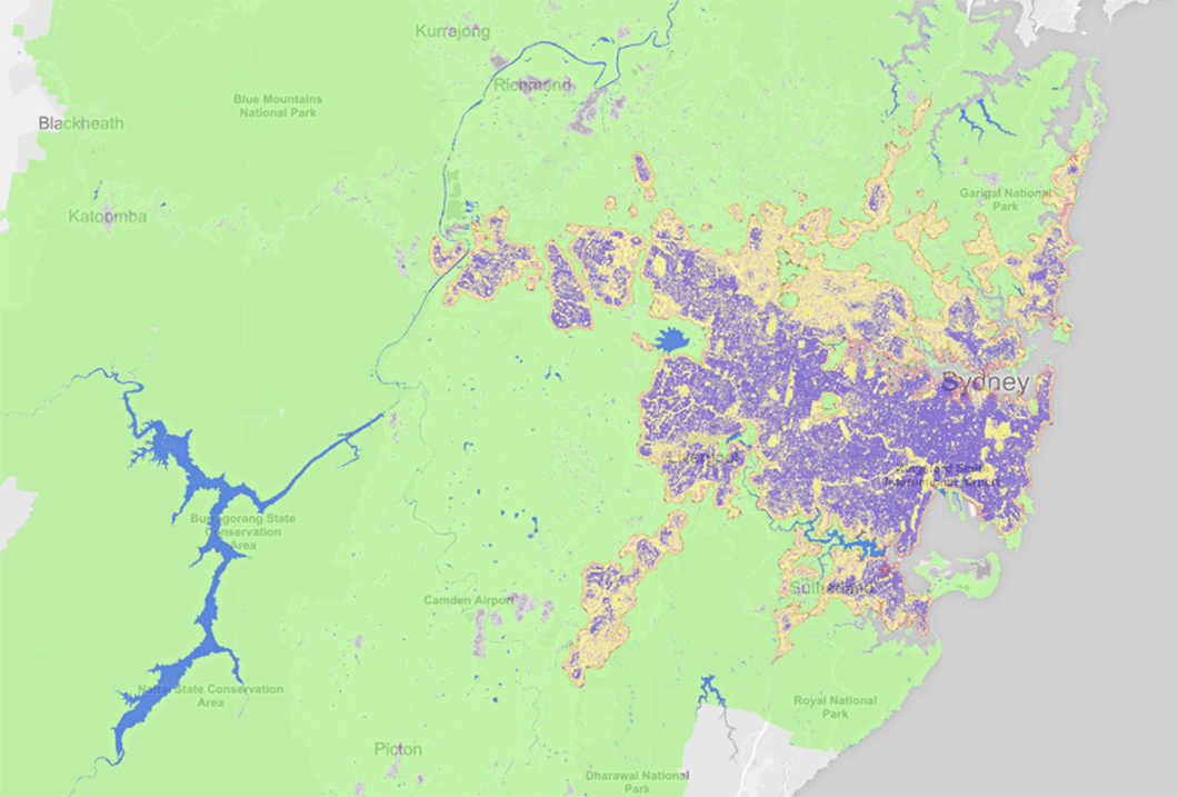 Urban extent of Sydney between 1991 and 2014